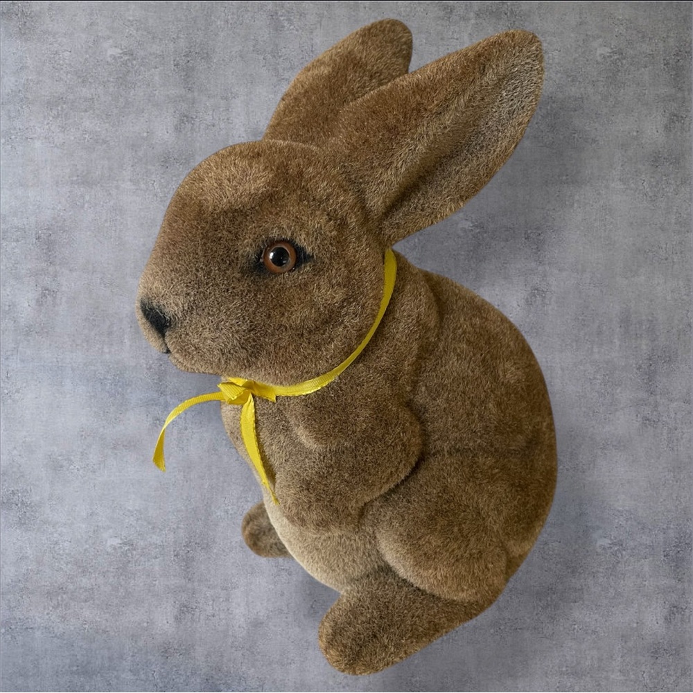 Vintage Flocked Rabbit Bunny Figure Brown Sitting Yellow Bow Easter Spring 8"